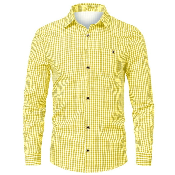 Mens Plaid Shirt Long Sleeve Shirt Casual Slim Fit Button Turn Down Collar Shirt Spring Fall Yellow XXL