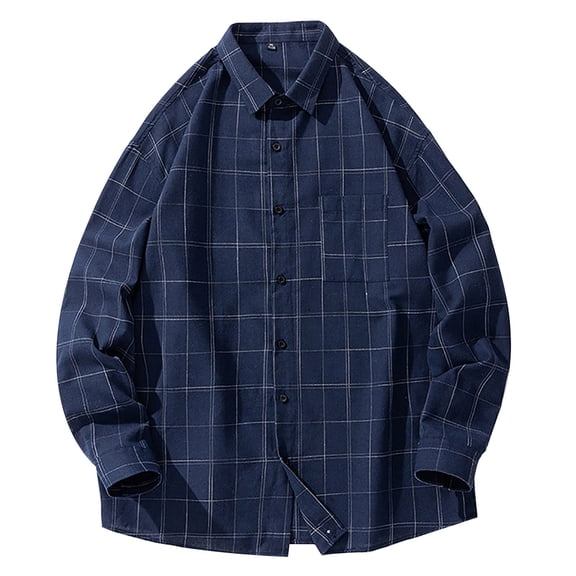 Mens Plaid Shirt Retro Long Sleeve Shirt Button Turn Down Collar Lightweight Casual Shirt for Spring Fall Navy XXXXXL