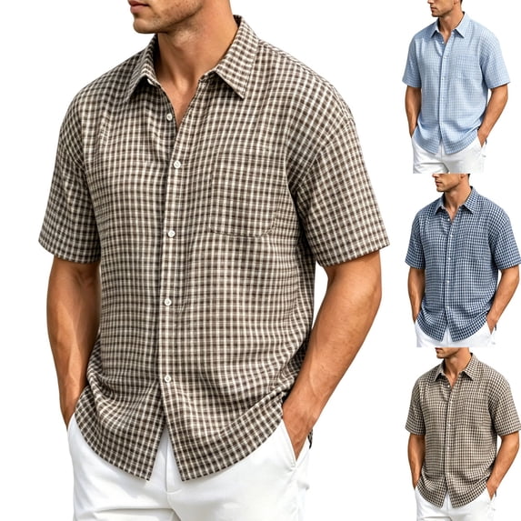 Mens Plaid Shirt Short Sleeve Button Down Cotton Blend Dress Shirt Loose Wrinkle Free Casual Business Summer Gingham Shirts with Chest Pocket Size 3XL Coffee
