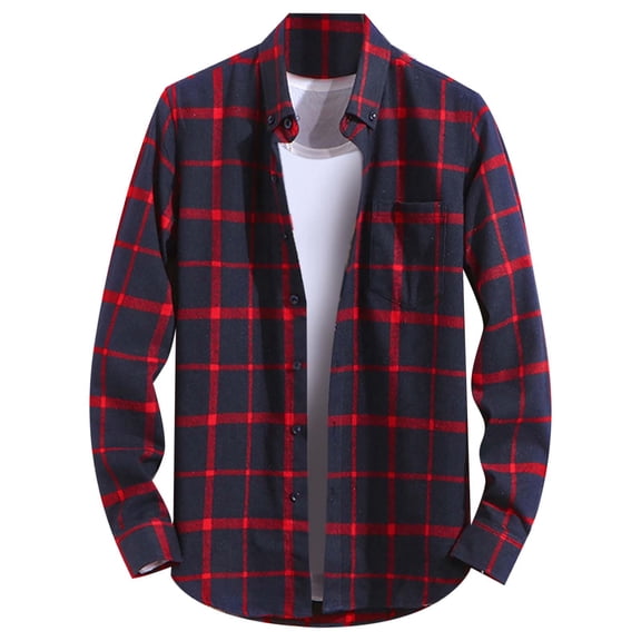 Mens Plaid Shirt Slim Fit Long Sleeve Shirt Button Turn Down Collar Casual Lightweight Top for Spring Fall Red XXL