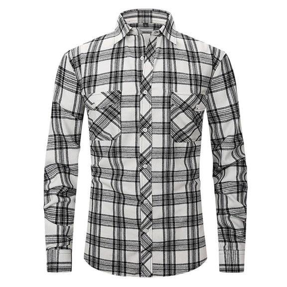 Mens Plaid Shirt Slim Fit Pocket Shirt Long Sleeve Button Turn Down Collar Casual Spring Shirt White S