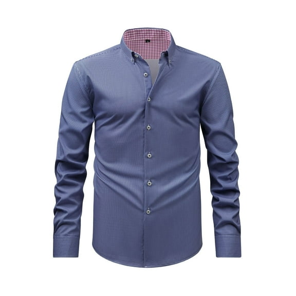 Mens Plaid Shirt Stretch Long Sleeve Shirt Button Turn Down Collar Business Casual Comfort Fit Dark Blue M