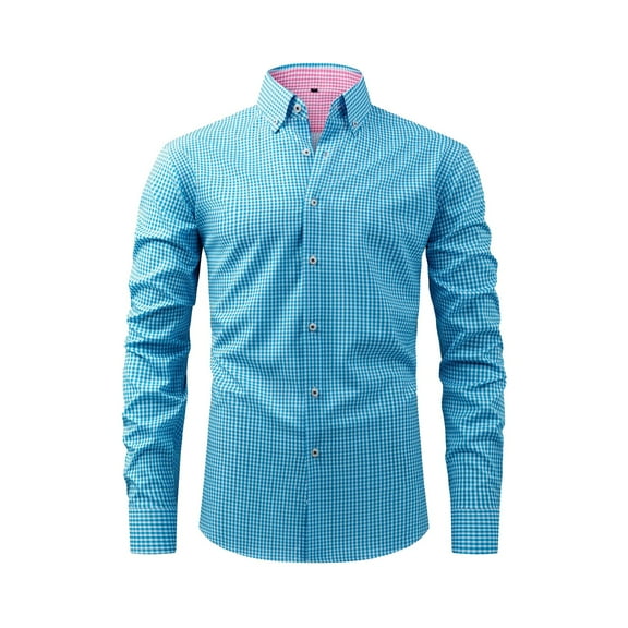 Mens Plaid Shirt Stretch Long Sleeve Shirt Button Turn Down Collar Business Casual Comfort Fit Sky Blue S