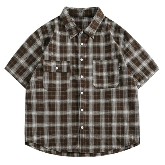 Mens Plaid Shirt Summer Long Sleeve Shirt Button Turn Down Collar Lightweight Casual Loose Fit Shirt Coffee XXL
