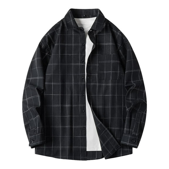 Mens Plaid Shirt Vintage Long Sleeve Shirt Casual Drop Shoulder Open Front Button Shirt Spring Fall Black XXXXL