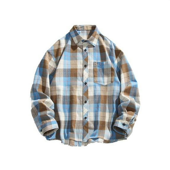 Mens Plaid Shirt Vintage Oversized Long Sleeve Shirt Button Turn Down Collar Casual Layering Piece Light Blue L