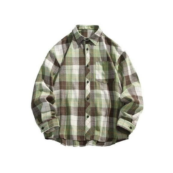 Mens Plaid Shirt Vintage Oversized Long Sleeve Shirt Button Turn Down Collar Casual Layering Piece Light Green L