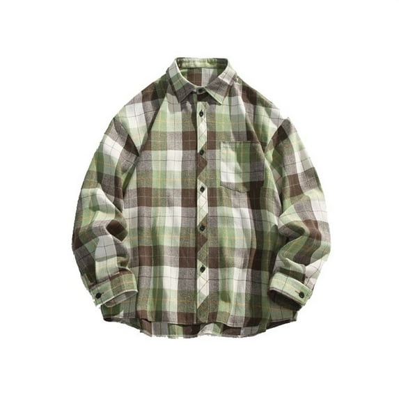Mens Plaid Shirt Vintage Oversized Long Sleeve Shirt Button Turn Down Collar Casual Layering Piece Light Green XXXXL