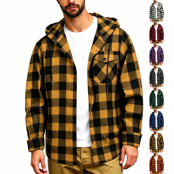 Mens Plaid Shirts Dqueduo Men's Patchwork Plaid Hooded Button Long Sleeve Casual Shirt Jacket Yellow XXL