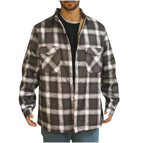 Mens Plaid Shirts Jacket Button Long Sleeve Pockets Turn Down Collar Plaid Flannel Coat
