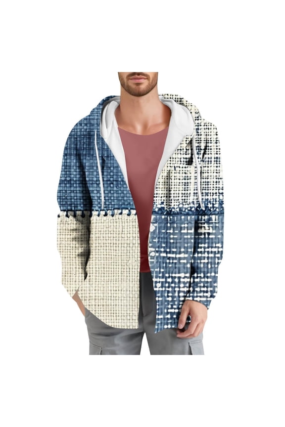 Mens Plaid Shirts Jacket Check Print Pocket Long Sleeved Button Hooded Plaid Flannel Coat