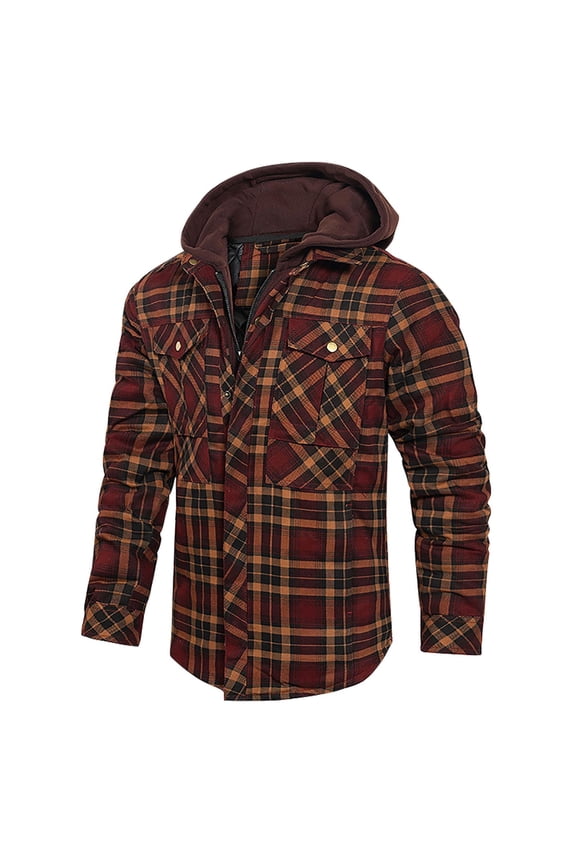 Mens Plaid Shirts Jacket Checkered with Button Pockets And Long Sleeved Hooded Plaid Flannel Coat
