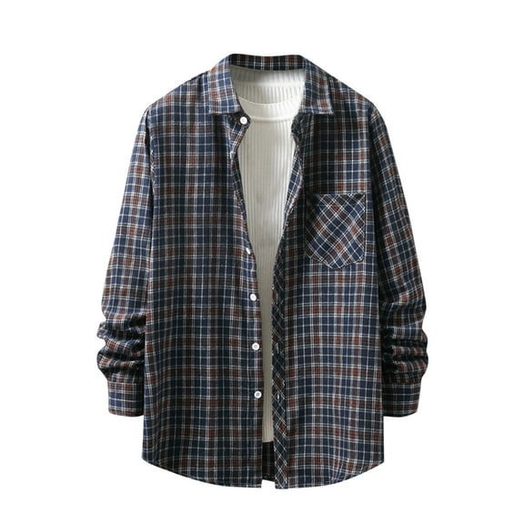 Mens Plaid Shirts Jacket New Loose Youth Long Sleeve Shirt Plaid Flannel Coat