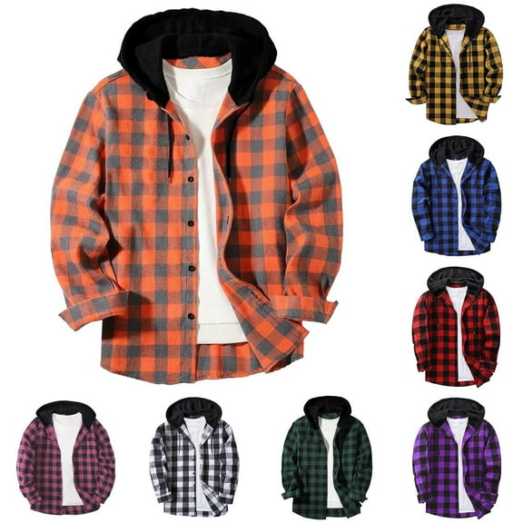 Mens Plaid Shirts Jacket Patchwork Hooded Button Long Sleeve Shirt Blouse Plaid Flannel Coat
