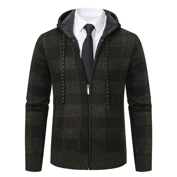 Mens Plaid Shirts Jacket Solid Color Zipper Pockets Long Sleeve Hooded Plaid Flannel Coat