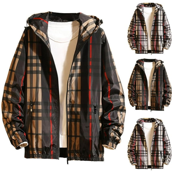 Mens Plaid Shirts Jacket Sports Checkered Long-Sleeved Hooded Plaid Flannel Coat