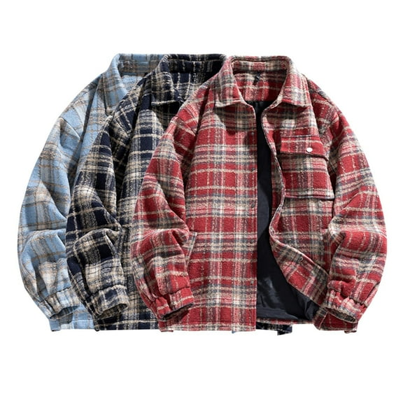 Mens Plaid Shirts Jacket Woolen Snap Button Long Sleeved Lapel Hooded top Plaid Flannel Coat