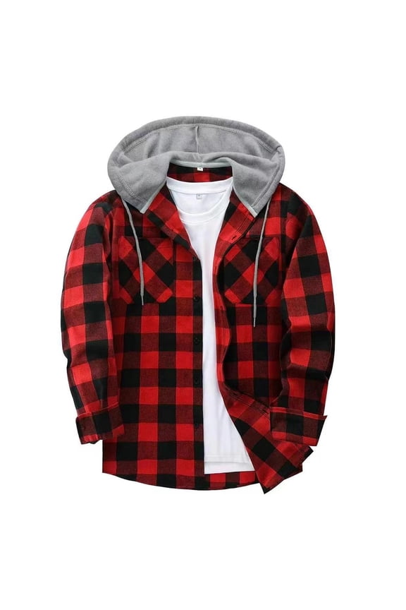 Mens Plaid Shirts Shacket Jackets Button Down Hoodie Outerwear Tops Drawstring Long Sleeve Flannels Coat (2XL, Wine)