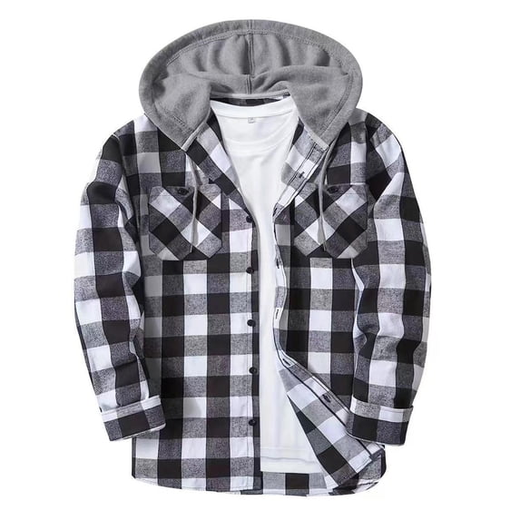 Mens Plaid Shirts Shacket Jackets Button Down Hoodie Outerwear Tops Drawstring Long Sleeve Flannels Coat (M, White)