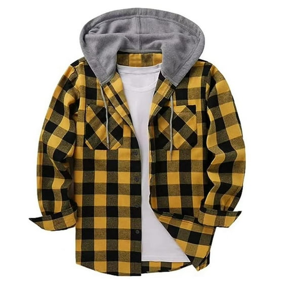 Mens Plaid Shirts Shacket Jackets Button Down Hoodie Outerwear Tops Drawstring Long Sleeve Flannels Coat (M, Yellow)