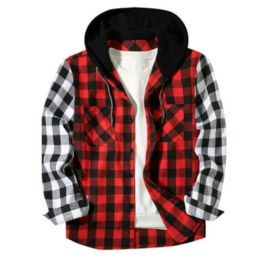 Mens Plaid Shirts Shacket Jackets Button Down Hoodie Outerwear Tops Drawstring Long Sleeve Flannels Coat (XL, Red 01)