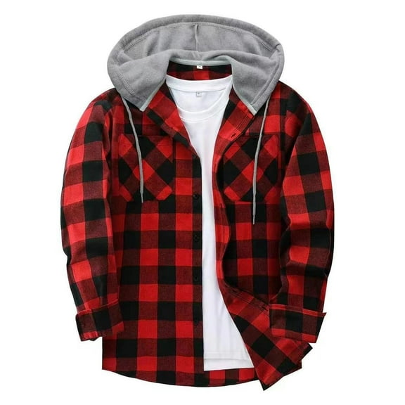 Mens Plaid Shirts Shacket Jackets Button up Hoodie Outwear Tops Drawstring Long Sleeve Flannels Coat (2XL, Wine)