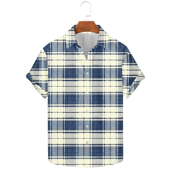 Mens Plaid Shirts Summer Loose Tshirt Tops Short Sleeve Blouse Button Doen Outfits Lapel Collar Clothings Trendy Loose Blouses