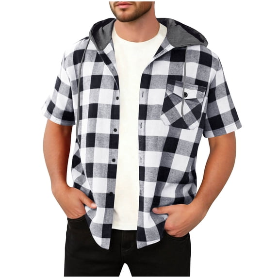 Cloaraye Mens Plaid Shirts with Hoodies Summer Short Sleeve Button Down Shirt Casual Plaid V Neck Lapel Beach Shirts with Pockets