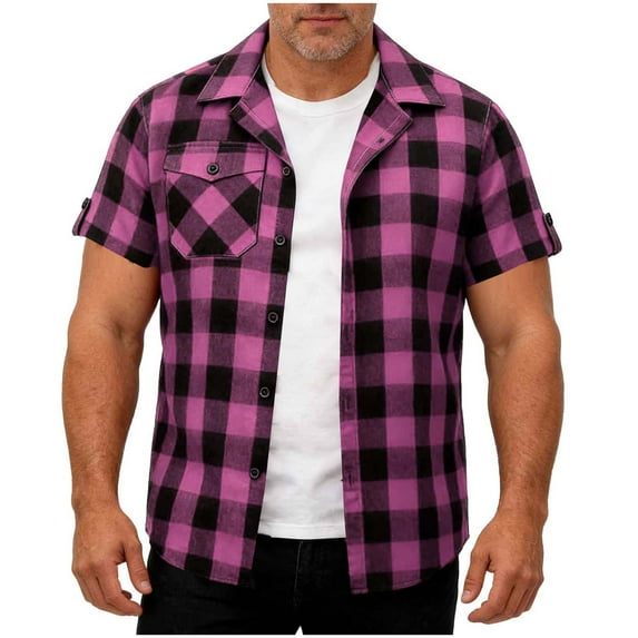 Mens Plaid Short Sleeve Button Down Shirts Regular Casual Gingham Shirts Summer Loose Fit Work Shirts with Pocket