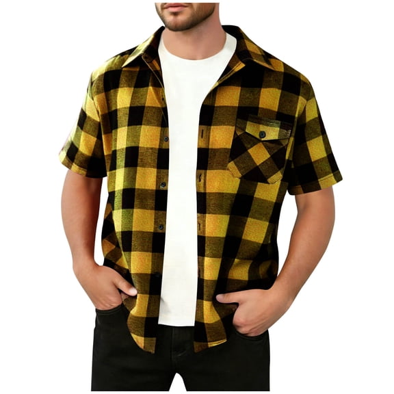 Mens Plaid Short Sleeve Button Down Shirts Regular Fit Casual Gingham Shirts Summer Loose Work Shirts with Pocket