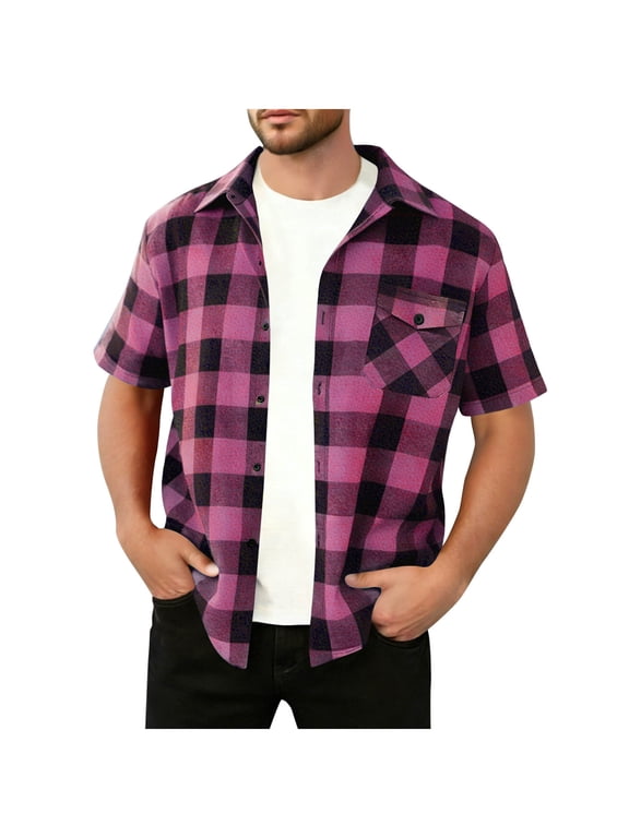 Mens Plaid Short Sleeve Button Down Shirts Regular Fit Casual Gingham Shirts Summer Loose Work Shirts with Pocket