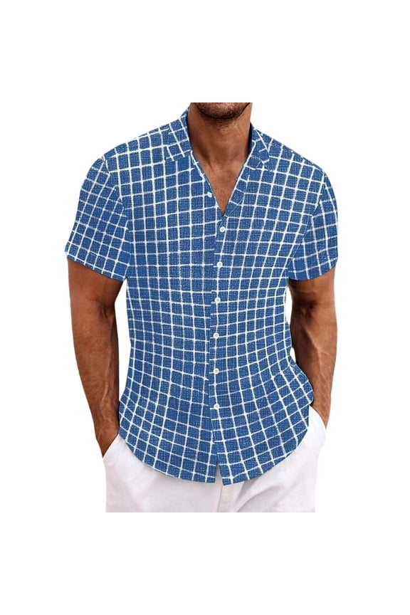 Mens Plaid Short Sleeve Button Down Shirts Regular Fit Casual Gingham T-Shirt Collared Checkered Cuban Dress Shirt