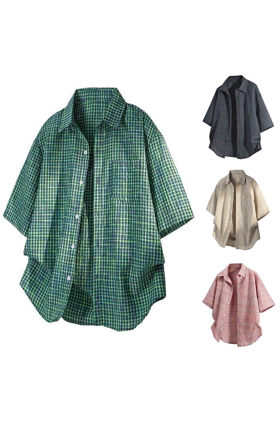 Mens Plaid Short Sleeve Button Down Shirts Loose Fit Summer Beach Vacation Camp Tops Textured Casual Oversized Cardigan Shirts with Chest Pocket Fathers Day Gift