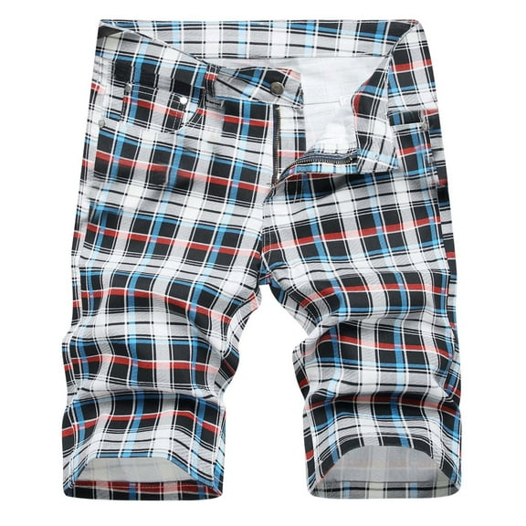 Mens Plaid Shorts Casual Classic Fit Athletic Workout Golf Shorts Cotton Cargo Shorts Jeans for Men Summer Beach Shorts with Pockets