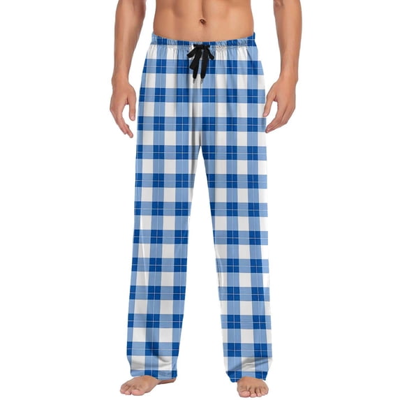 Mens Plaid Sleep Pants Wide Leg Casual Pajamas Bottoms Drawstring Pjs Sleepwear Pants with Pockets Blue, 3XL