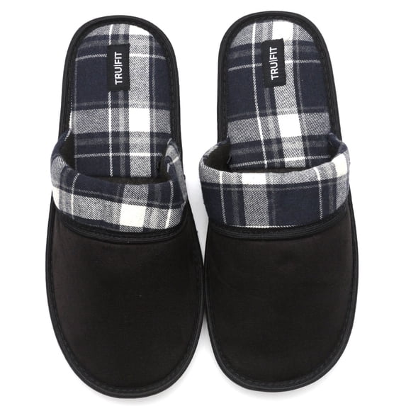 Mens Plaid Slippers Slip On Fleece Lined Indoor Micro Suede Shoes Black XL