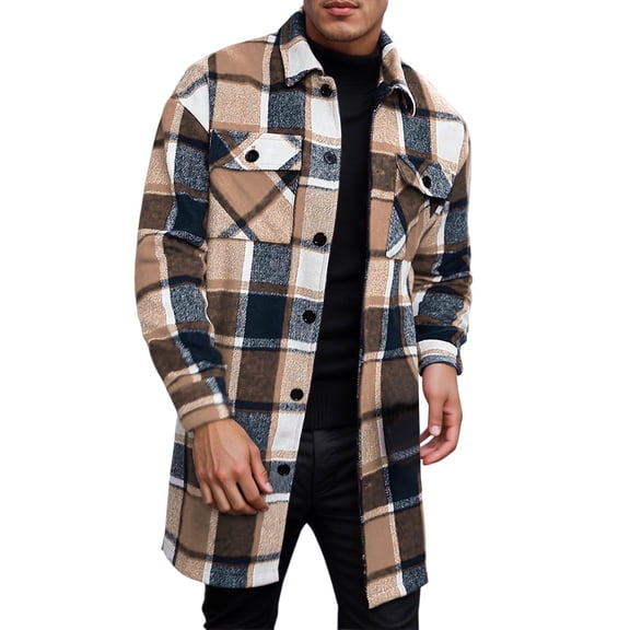 Mens Plaid Trench Coat Single Casual Long Jackets Button Down Lapel Shirt Jacket Fashion Thick Warm Overcoat