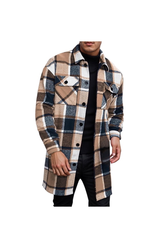 Mens Plaid Trench Coat Single Casual Long Jackets Button Down Lapel Shirt Jacket Fashion Thick Warm Overcoat