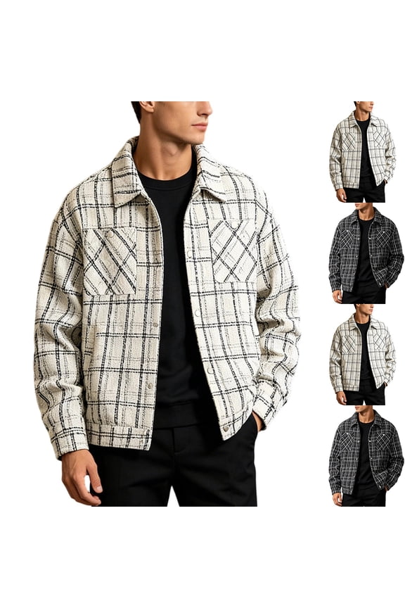 Mens Plaid Tweed Shacket Casual Point Collar Button Down Cropped Lightweight Fall Winter Long Sleeve Regular Fit Outerwear Coats Black,L