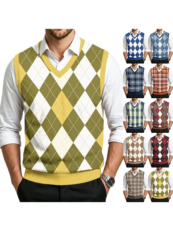 Mens Plaid V Neck Knit Sweater Vest Classic Fit Sleeveless Tank Tops Ribbed Hem for Business Casual Work Golf Layering Pullover,3XL,Yellow