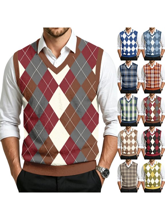 Mens Plaid V Neck Knit Sweater Vest Classic Fit Sleeveless Tank Tops Ribbed Hem for Business Casual Work Golf Layering Pullover,S,Vermilion