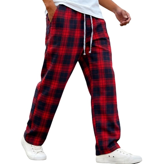 Mens Plaid Wide Leg Trousers Elastic Waist Loose Fit Casual Pants with Pockets, Lightweight Comfort Bottoms for Daily Wear And Outdoor Activities Red L