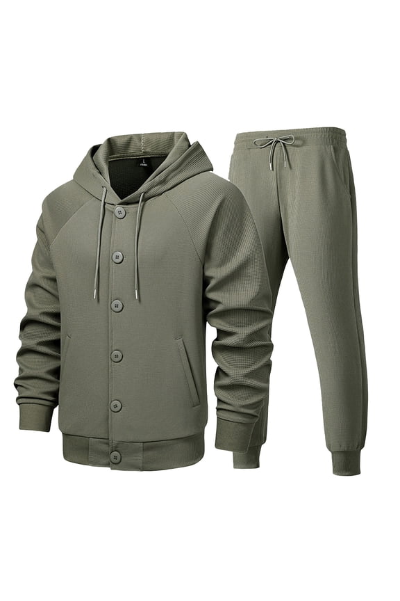 Mens Plain Athletic 2 Piece Matching Lounge Set Sweatsuits Button Down Long Sleeve Hooded Sweatshirt Athletic-Fit Comfort Casual Sweatpants Drawstring Elastic Waist Pants 2 Piece Outfits