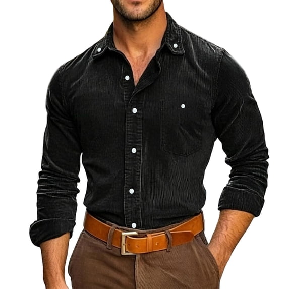 Mens Plain Tshirts Tee for Man Long Sleeve Collared High Neck Corduroy Casual Fall Winter Shirts Button 2026 Trendy