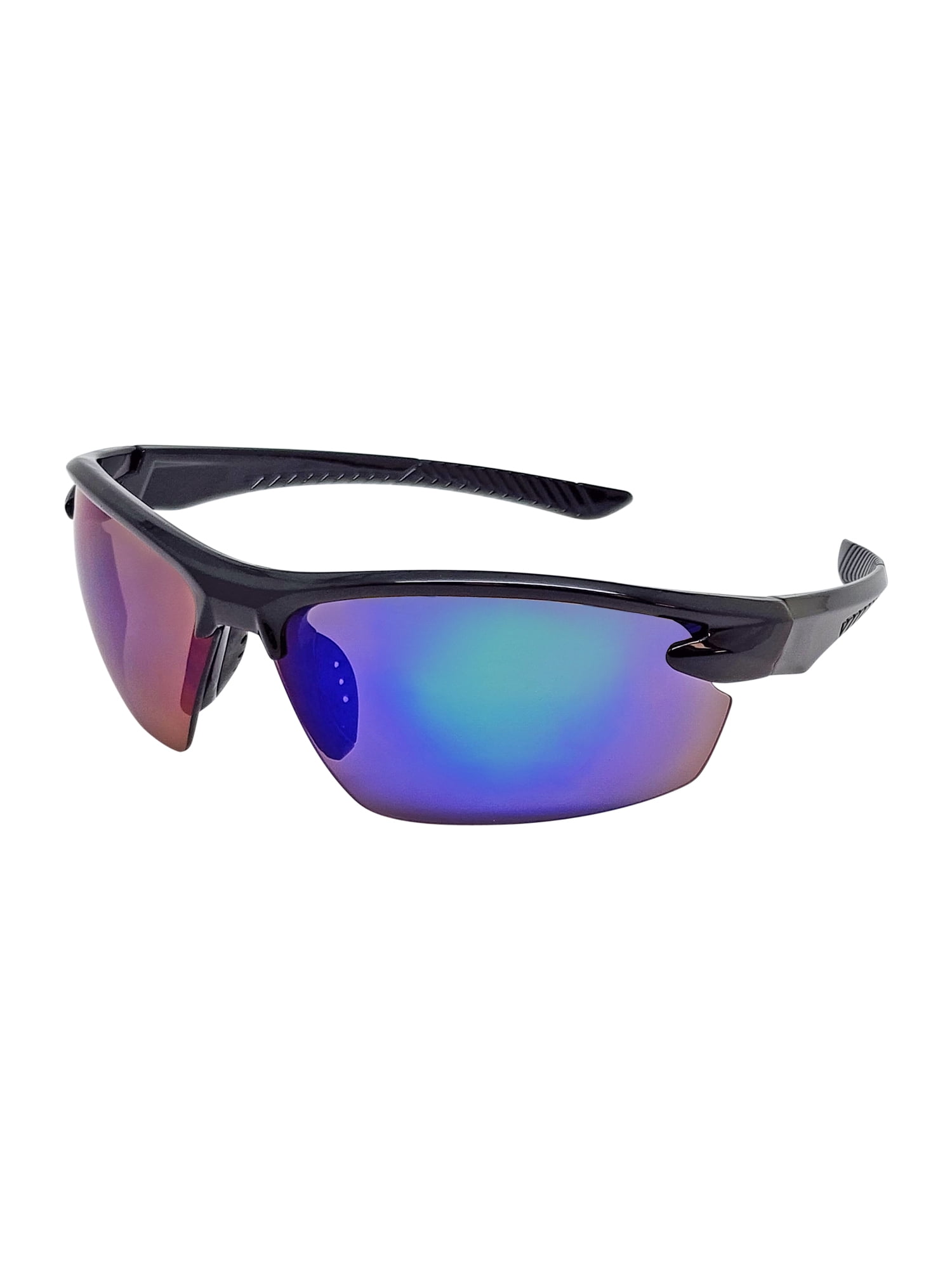 Mens Plastic Sports Wrap Semi Rim Sunglasses with Black Frames and Blue Mirrored Lenses