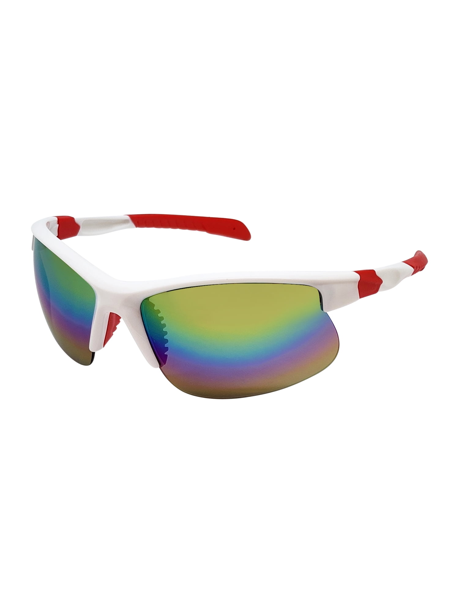 Mens Plastic Sports Wrap Semi Rim Sunglasses with White Frames and Rainbow Mirrored Lenses