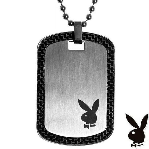 Mens Playboy Necklace Bunny Logo Dog Tag Pendant Stainless Steel Black Silver 24"