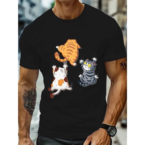 Mens Playful Three Cartoon Cats With Vibrant Colors And Lively Poses Graphic Tees Print T - shirts Short Sleeve Soft Casual Tops Shirts