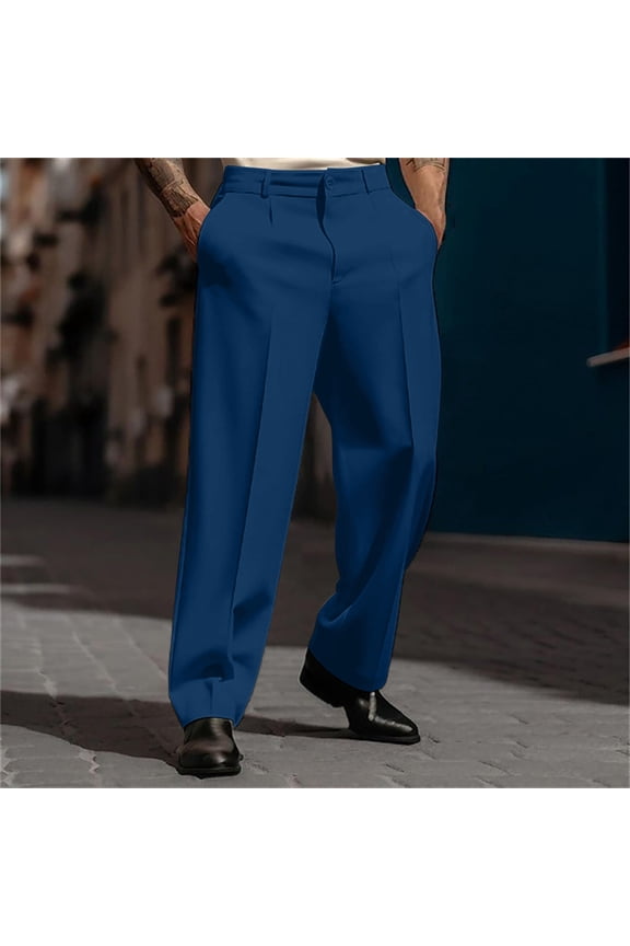 Mens Pleated Front Dress Pants Wrinkle Free Casual Work Chinos Pants Stretch Regular Fit Straight Leg Formal TrousersNavy 2XL