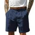 thumbnail image 1 of Mens Pleated Front Linen Cotton Chino Shorts Lightweight Summer Golf Casual Roll Cuff Knee Length Bottoms Blue L, 1 of 4